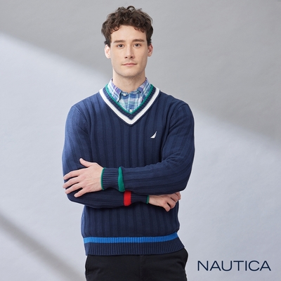Nautica男裝 美式跳色領口長袖針織衫-藍色