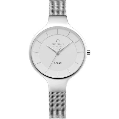 OBAKU 都會淑女光動太陽能腕錶-極光銀X白-V221LRCWMC-33mm