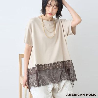 〔AMERICAN HOLIC〕清涼觸感蕾絲下擺拼接圓領上衣