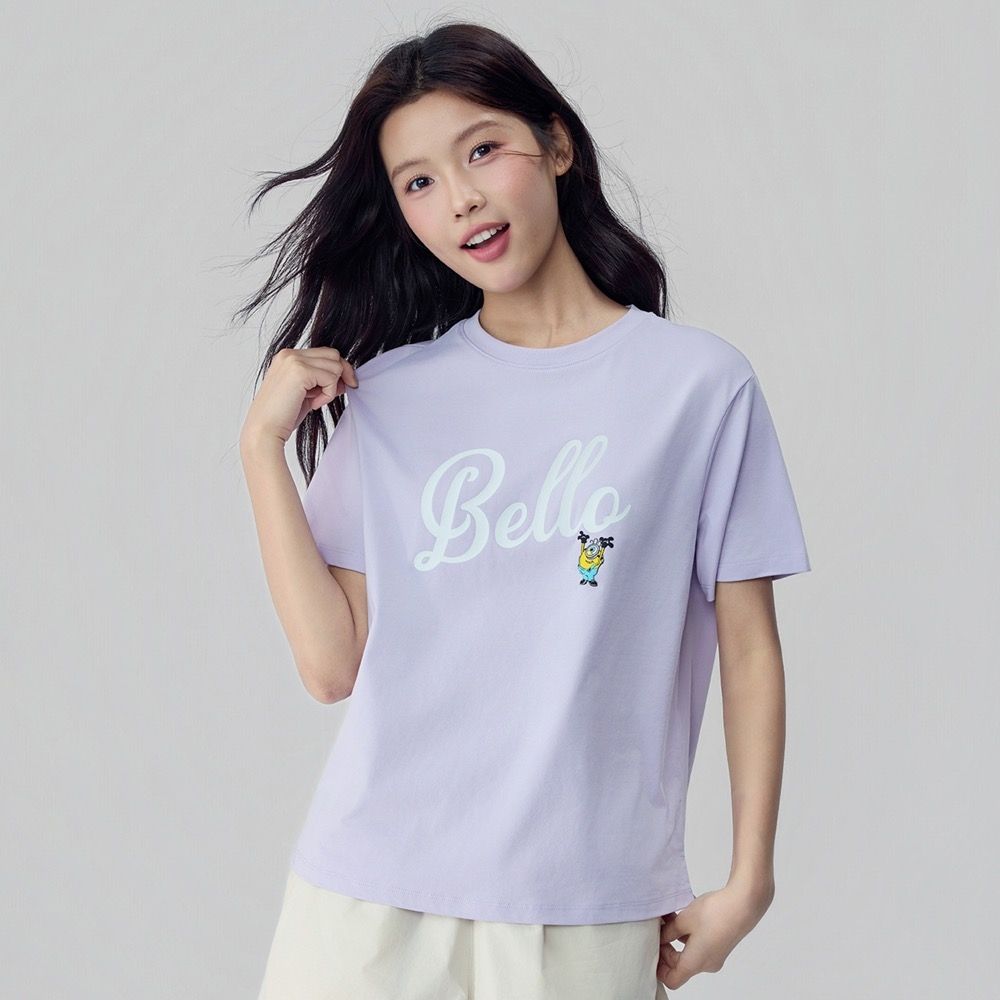 GIORDANO 女裝印花短袖T恤 小小兵&大怪獸電影版系列 (32 蘭花瓣紫)