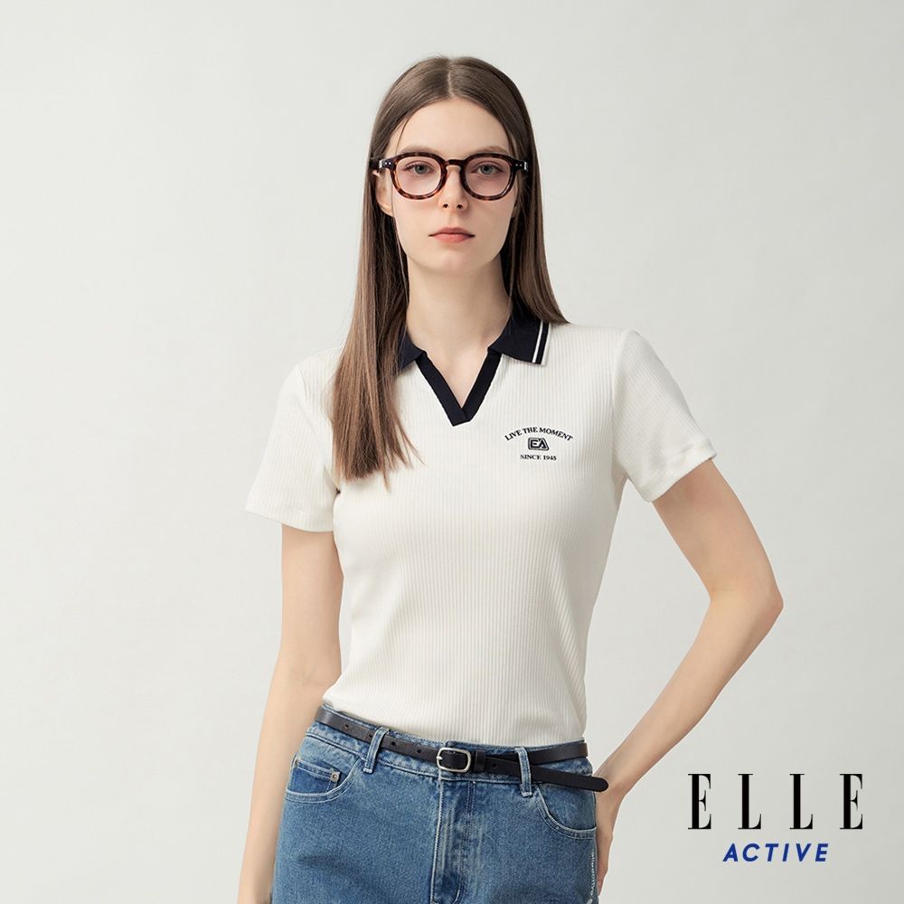 ELLE ACTIVE 女款 撞色翻領直紋短袖POLO衫-白色(EA26S1W1105#90)