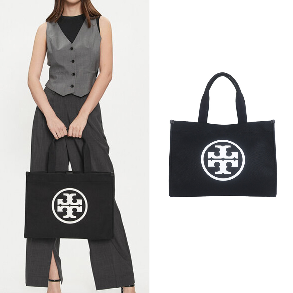 TORY BURCH ELLA 黑色帆布皮邊大型托特包