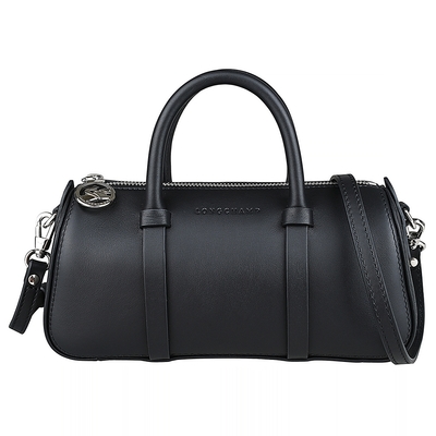 LONGCHAMP Daylong壓印LOGO小牛皮手提/斜背保齡球包(小/黑)