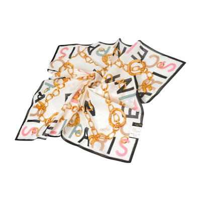 CELINE 繽紛品牌字母金鍊圖騰LOGO棉質大帕領巾(米黃底/黑邊/58CM)