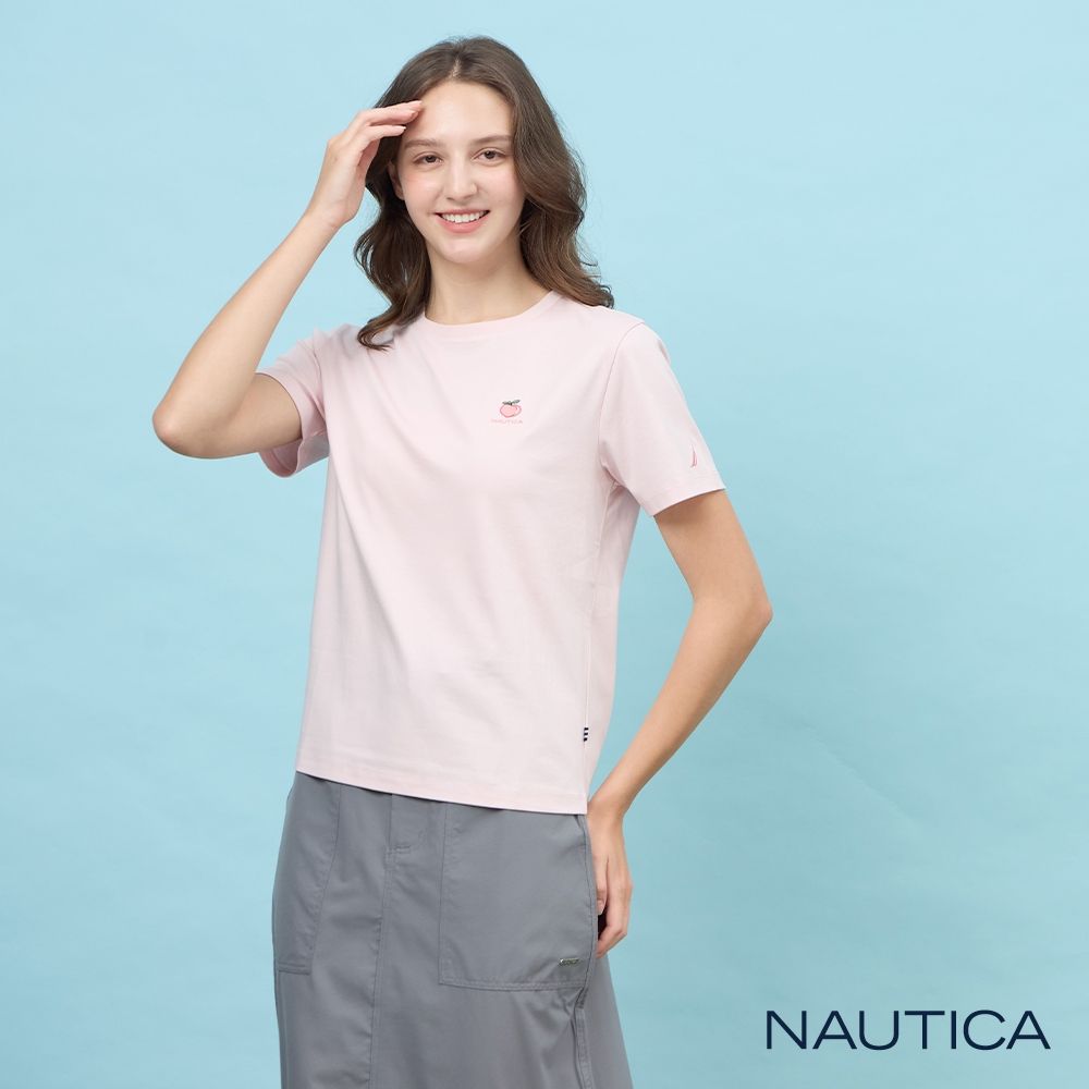 NAUTICA 官方旗艦 女裝 蜜桃圖騰刺繡涼感短袖T恤-粉紅色