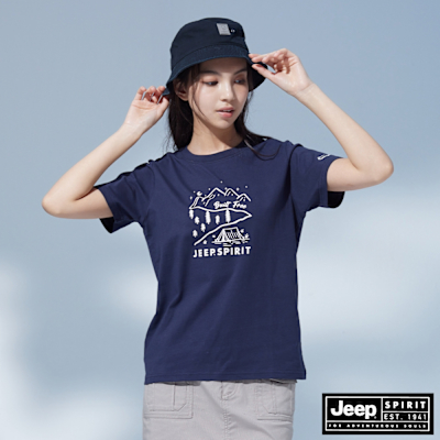 JEEP 女裝 戶外山系圖騰印花短袖T恤-深藍色