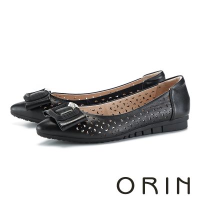 ORIN 牛皮鏤空尖頭飾釦娃娃鞋 黑色