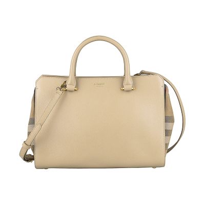 BURBERRY BANWELL 燙金LOGO牛皮側邊拼格紋帆布手提肩背斜背包(栗子米x多色)