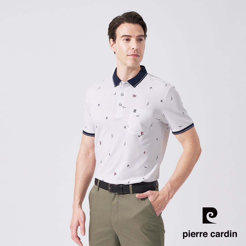 pierre cardin 皮爾卡登 男款 帆船印花橫條短袖POLO衫-白色(5247261-90)