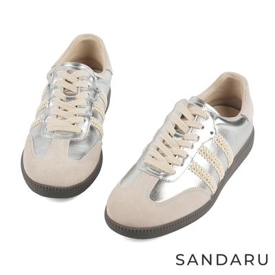 山打努SANDARU-休閒鞋 側織帶拼接麂皮綁帶德訓鞋-銀