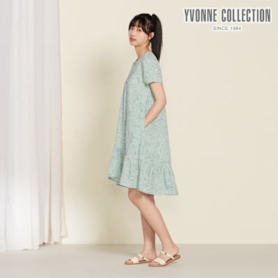YVONNE 以旺傢飾 動物叢林印花半開襟短袖洋裝-薄荷綠