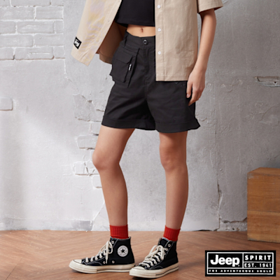 JEEP 女裝 可拆卸兩穿口袋短褲-黑色
