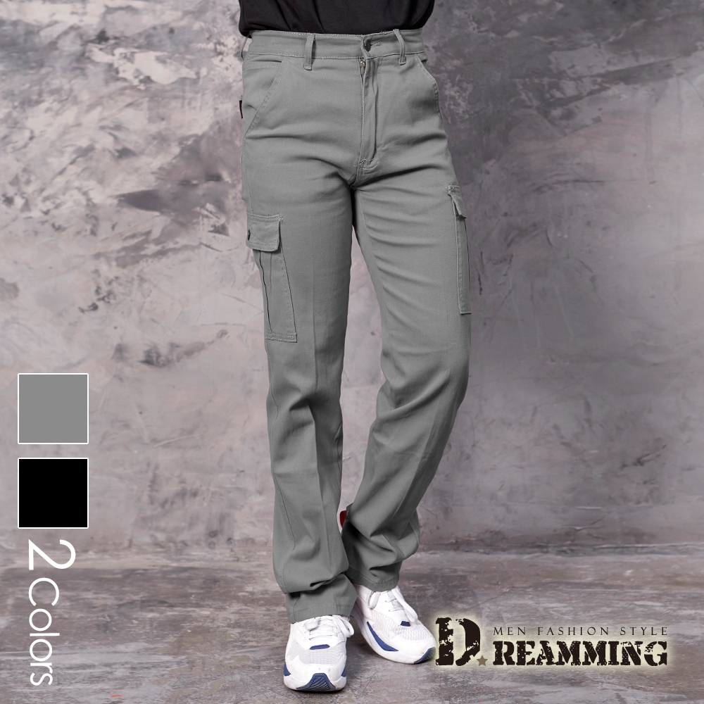 Dreamming 簡約素色高彈多口袋工裝長褲 工作褲 中直筒-共二色 (灰色)