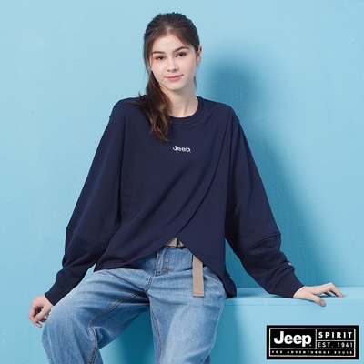 JEEP 女裝 交叉剪裁造型大學T-藍色