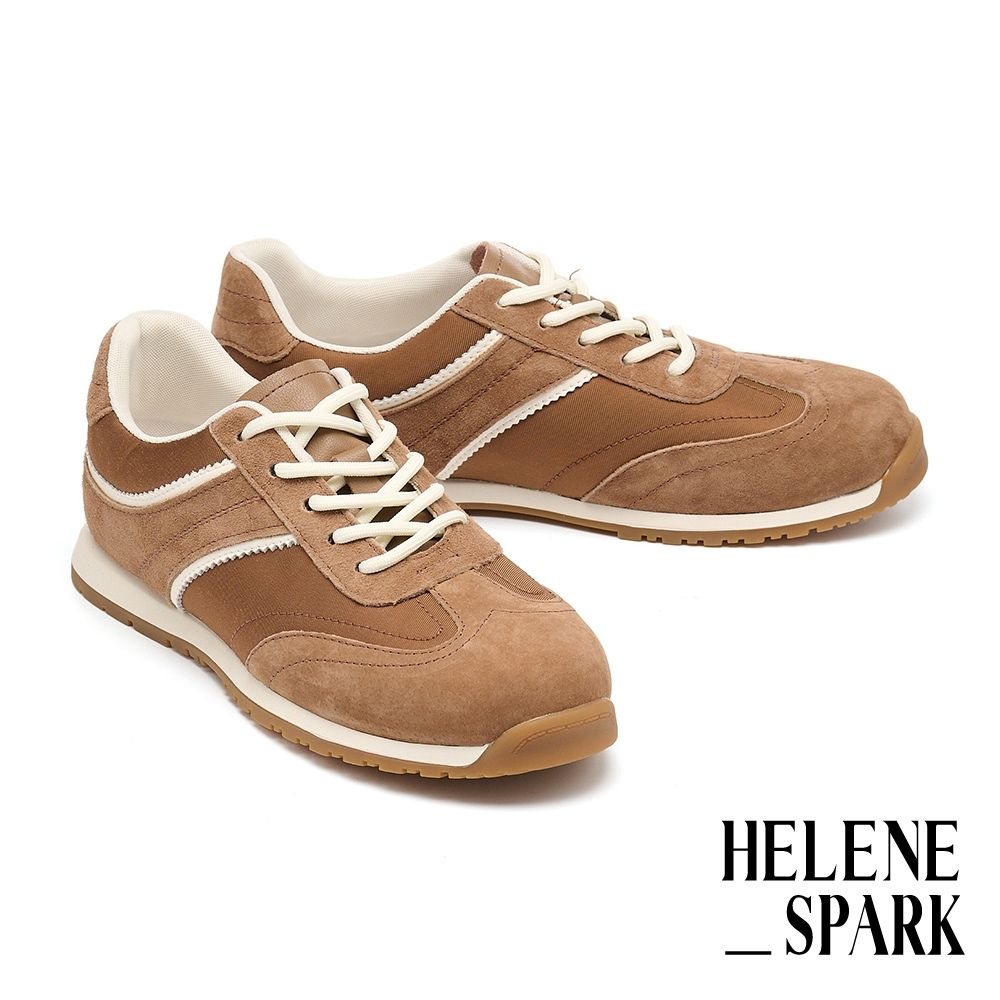 休閒鞋 HELENE_SPARK 美式復古異材質拼接綁帶厚底休閒鞋－咖