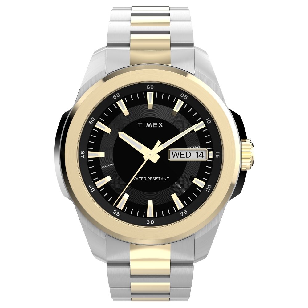 TIMEX 天美時 Essex Day and Date 都會魅力 45 毫米 雙色不鏽鋼錶帶腕錶(黑x銀 TXTW2Y35300)