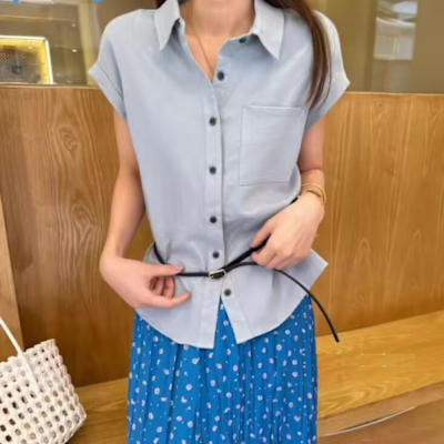 La Belleza韓版素色單口袋袖反折捲邊排釦造型上衣附腰帶