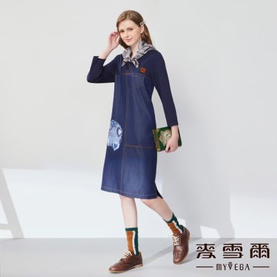 MYVEGA麥雪爾 嫘縈車縫線愛心印花長洋裝-深藍