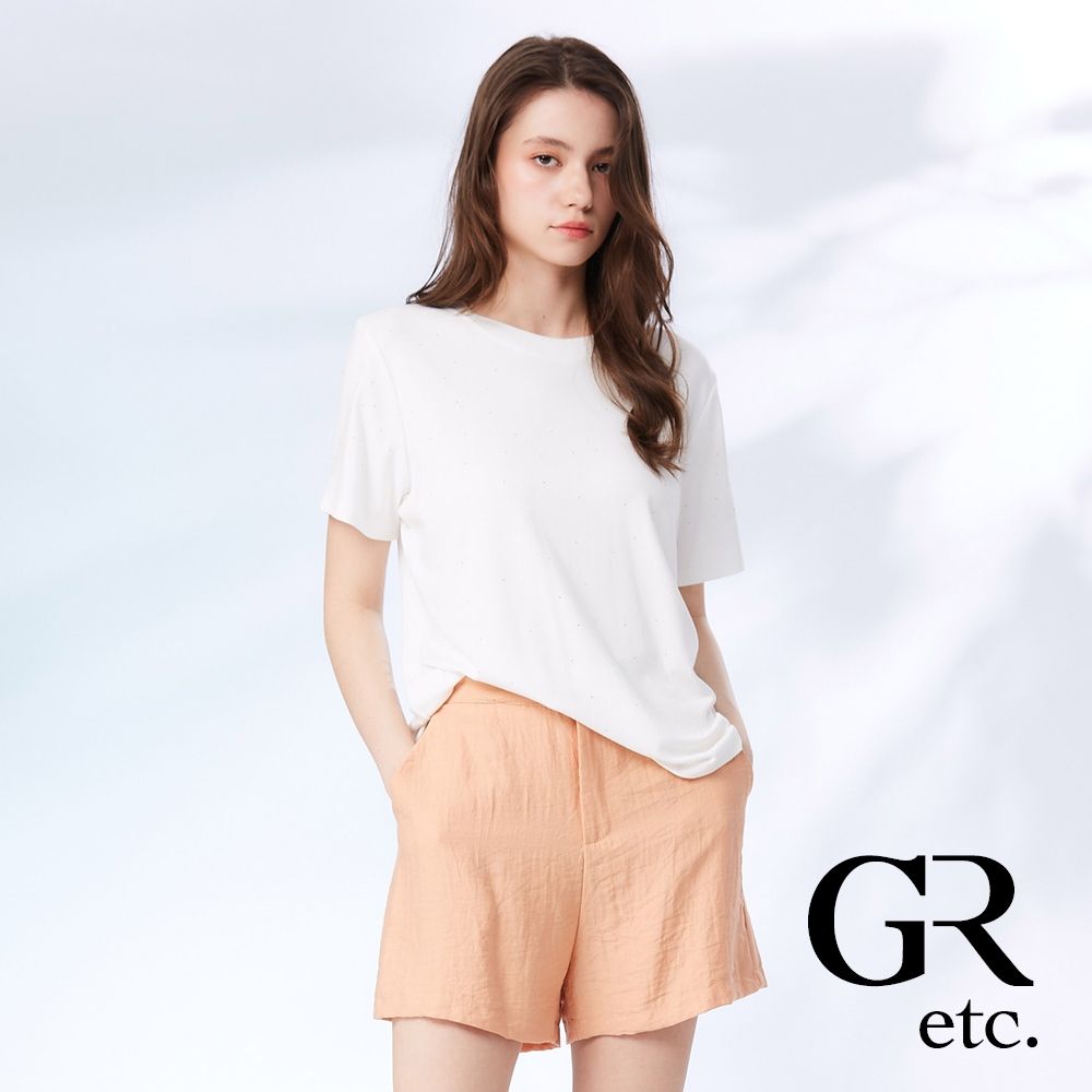 【GLORY21】網路獨賣款-etc.質感彩鑽圓領棉質上衣-白色