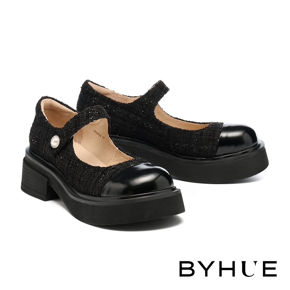 厚底鞋 BYHUE 優雅氣質鑲鑽珍珠魔鬼氈寬帶異材質瑪莉珍軟芯厚底鞋－黑