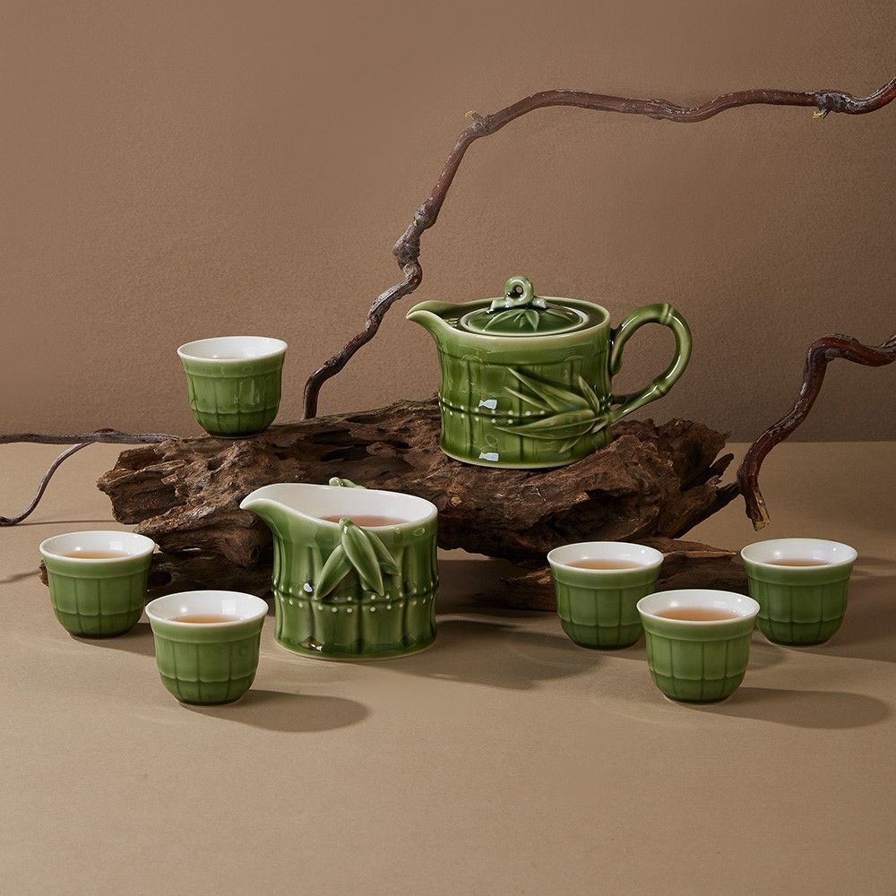 乾唐軒活瓷-竹節茶具組/ 綠釉/ 一壺+六杯+茶海| 杯子| Yahoo購物中心