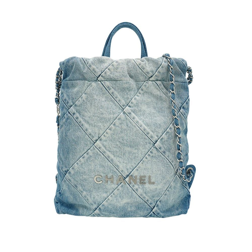 二手品 Chanel 香奈兒 22 刷色牛仔布銀鍊手提後背包(AS3859-藍)