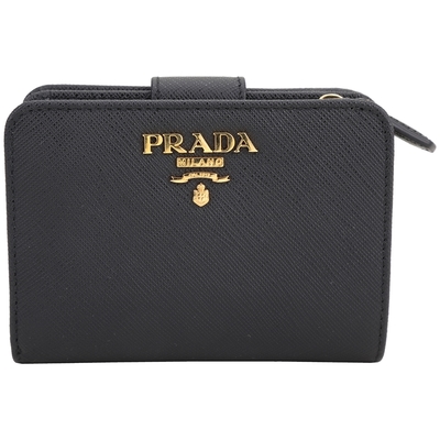 PRADA 普拉達 Saffiano 金字浮刻撞色內層防刮牛皮對折短夾(黑色)