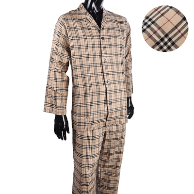 BURBERRY 巴寶莉 經典格紋棉麻襯衫男裝休閒家居服套組-卡其色