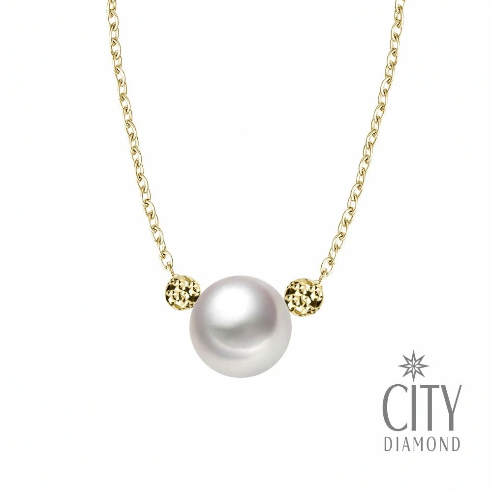 【City Diamond 引雅】18K日本AKOYA珍珠9mm正圓 強皮光等級黃K金米奇造型項鍊(東京Yuki系列)
