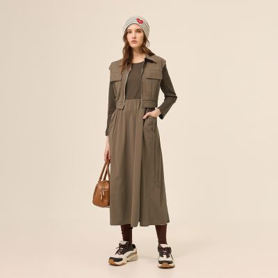 ILEY伊蕾 真兩件工裝背心拼接長洋裝(深咖；M-XL)