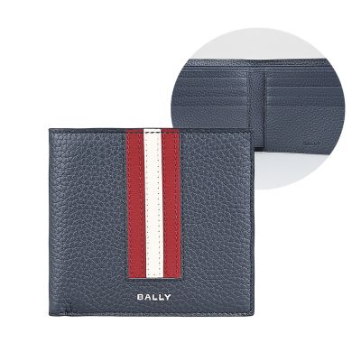 BALLY Ribbon燙銀LOGO粒面小牛皮搭配撞色條紋8卡對折短夾(男款/午夜藍x紅白紅條紋)