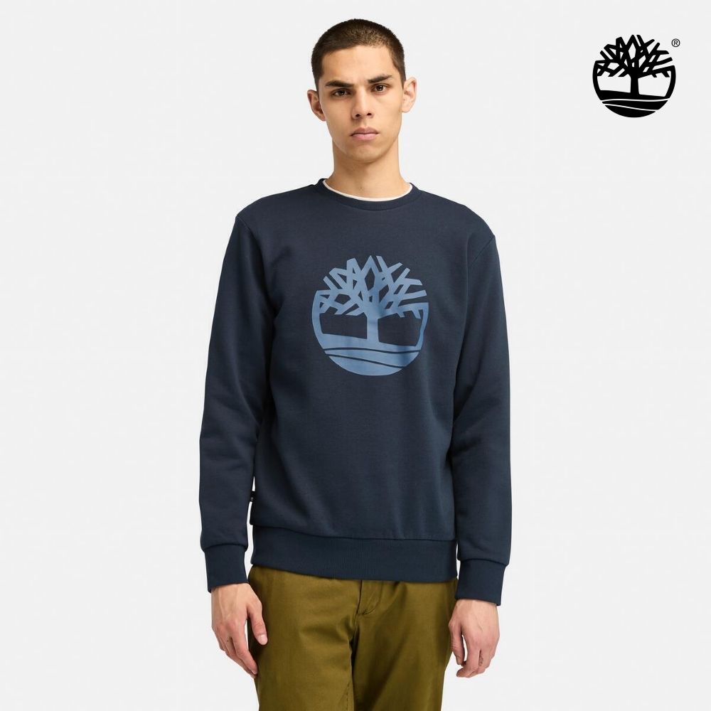 Timberland官方旗艦 男款深寶石藍大LOGO圓領長袖上衣|A6K47433
