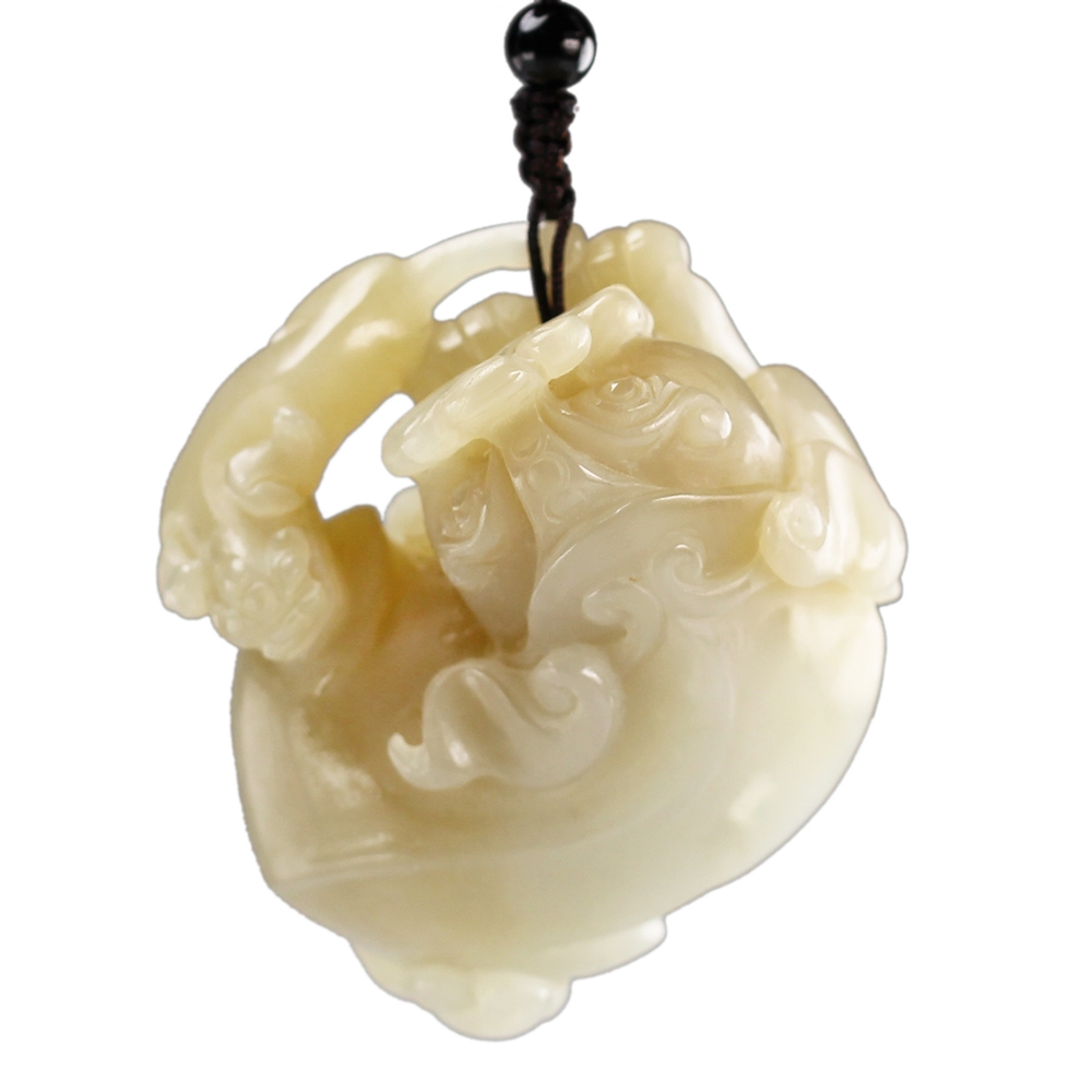 漢石齋】天然A貨和田白玉帶糖母子瑞獸玉珮吊墜(51*59*27mm) | 漢石齋