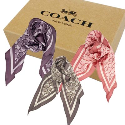COACH 100%蠶絲三角絲巾領巾原廠禮盒(多色供選)