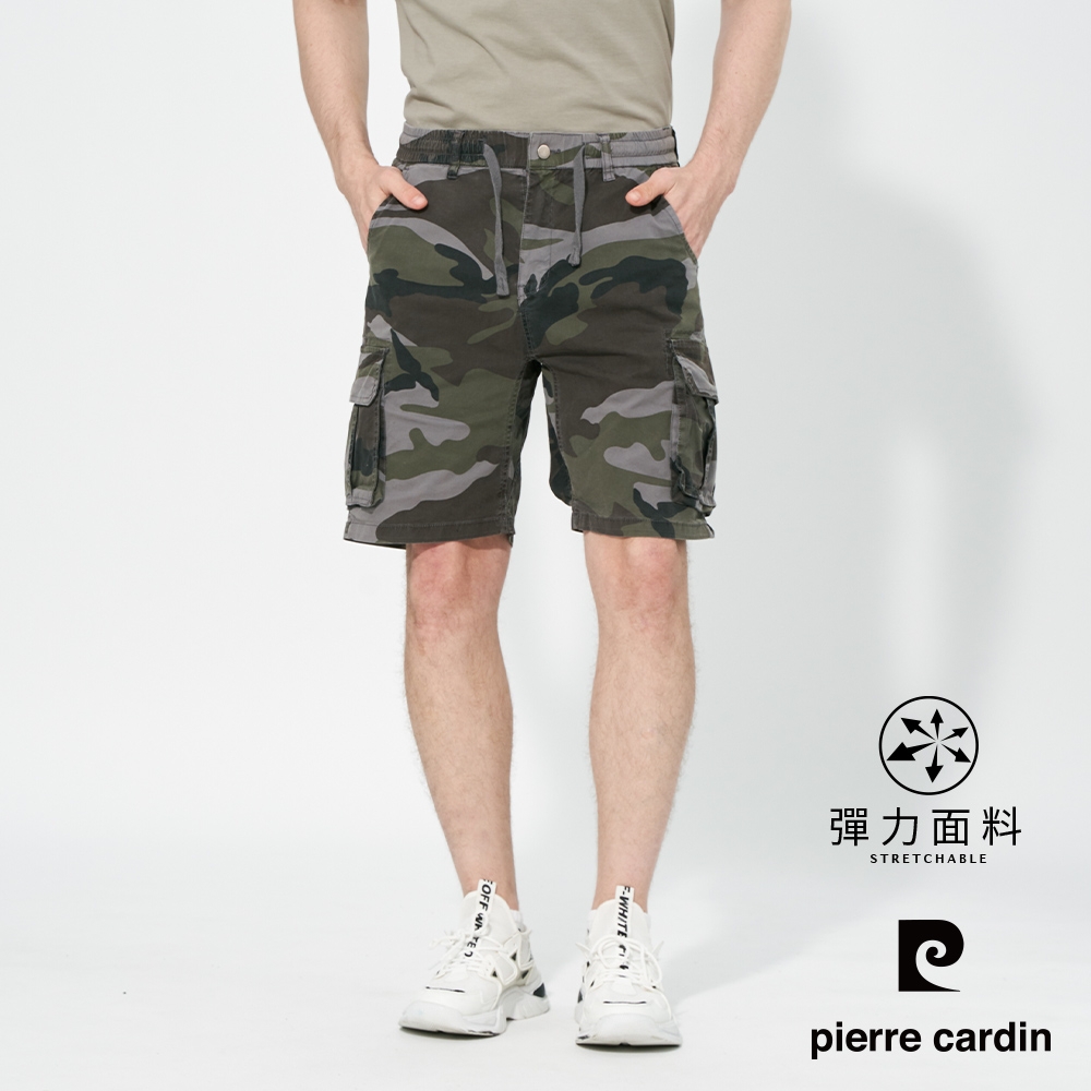 pierre cardin 皮爾卡登 男款 棉質工裝硬挺多口袋素色/迷彩休閒短褲(多色任選) (迷彩-灰)
