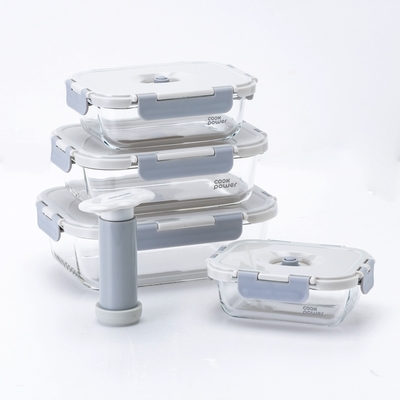 CookPower鍋寶 鎖氧系列抽真空玻璃保鮮盒鎖鮮大容量5件組