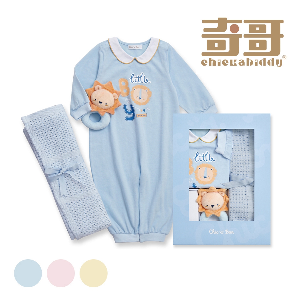 奇哥官方旗艦 Chic a Bon 三喜妙妙裝/連身衣3件組禮盒 3-6個月 (妙妙裝+手搖鈴+洞洞毯 小 附提袋) (藍色)