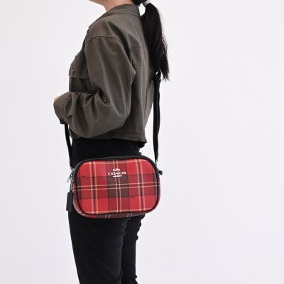 COACH JAMIE 金屬LOGO撞色格紋印花拼接斜背相機包(紅/黑)