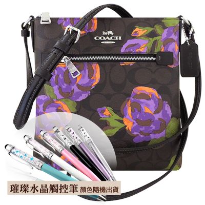 COACH 巧克力色玫瑰花圖樣大C PVC斜背包+璀璨水晶觸控筆
