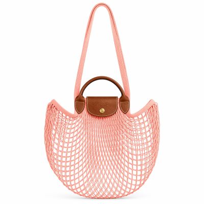 LONGCHAMP LE PLIAGE FILET系列網狀棉質手提/肩背兩用包(大/腮紅橘)