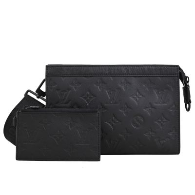 LOUIS VUITTON路易威登 LV M81115 GASTON經典滿版花紋織帶皮革二合一斜背包(黑)