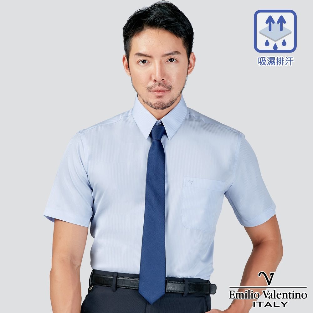 Emilio Valentino 范倫提諾吸濕排汗條紋短袖襯衫-三色任選 (藍)