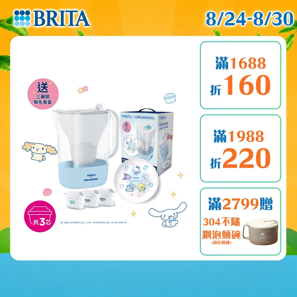 【BRITA官方】 (共3芯)Style純淨濾水壺 大耳狗限定版(冰川藍)3.6L+去水垢2入 贈 三麗鷗聯名餐盤