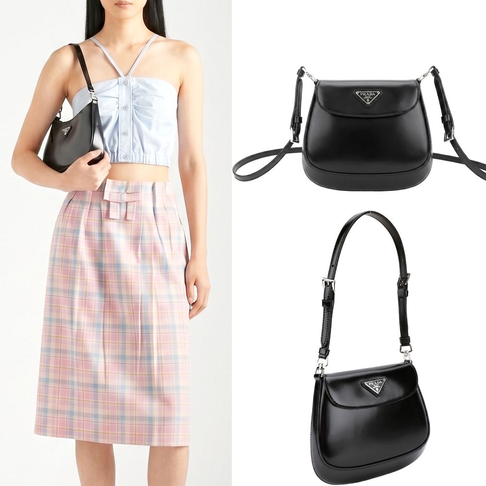 PRADA 普拉達 Cleo 可斜背 拋光皮革肩背腋下包(迷你/黑色)