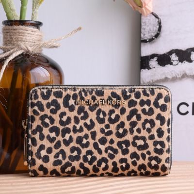 MICHAEL KORS Jet Set 豹紋印花毛布拼接ㄇ字拉鍊卡片零錢包(黑邊)