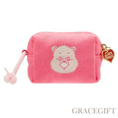 【Grace Gift】Care Bears-鑽石小熊電繡格紋吊飾零錢包 桃紅