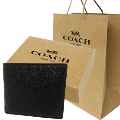 COACH 男款8卡對折短夾附活動式證件夾附禮盒+紙袋(全皮-防刮牛皮黑)
