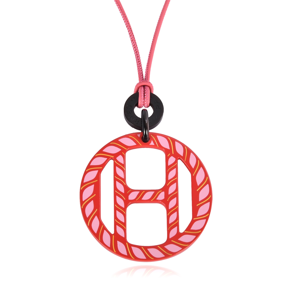 HERMES 愛馬仕 H Equipe大H直條漆面拼色皮繩墜飾項鍊-桃紅色