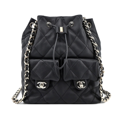 CHANEL香奈兒 CHANEL 經典雙C LOGO菱格紋小牛皮雙口袋鏈帶後背包(黑色)