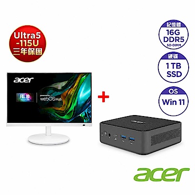 Acer 宏碁 Aspire Revo Box RB102 8核心迷你桌機(CU5-115U/16GB/1TB/Win11)+Acer CS272 27吋100Hz IPS護眼智慧聯網螢幕